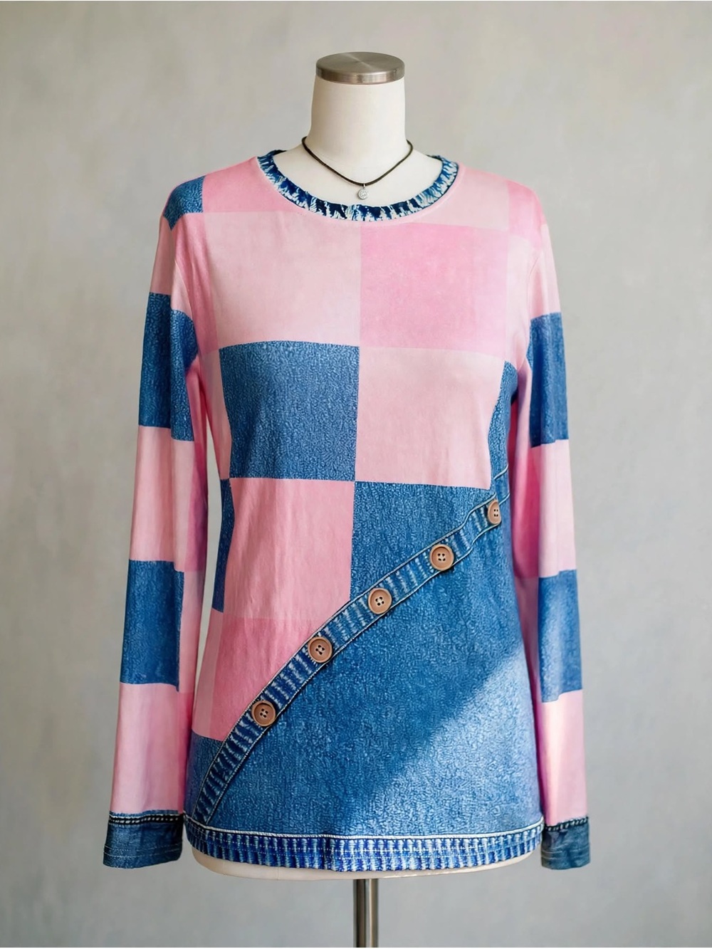 Vintage Style Blue Faux Denim Button Top Long Sleeve Checkered Front XL